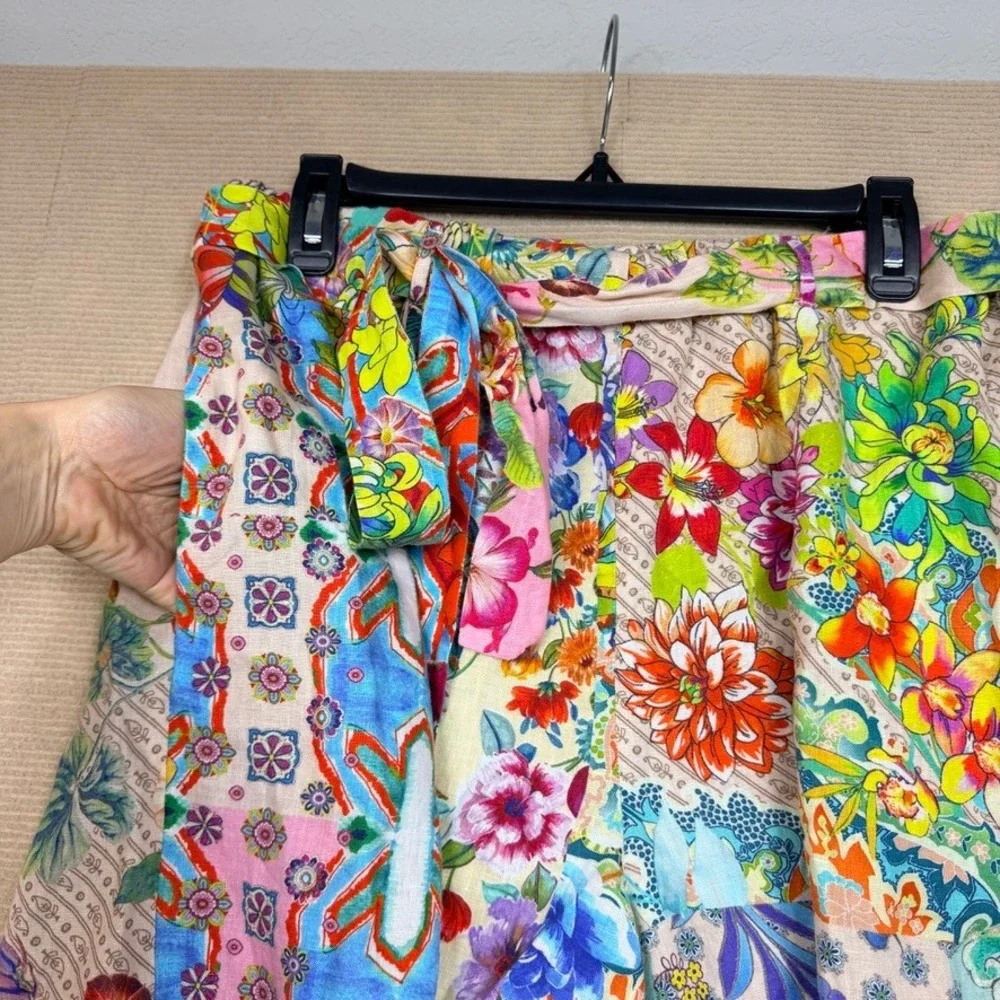 Johnny Was Workshop Floral Patchwork High Rise Belted Shorts Multi Color Boho L